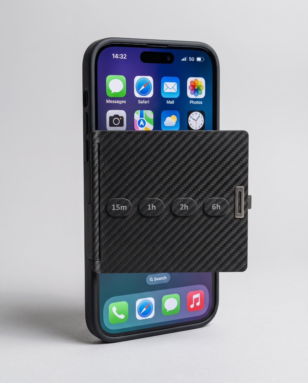 Offbit Carbon tech tile swinging closed over the screen